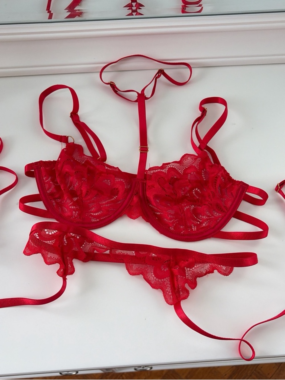 Red Lace Strappy Underwire Bra & G-String Set - Women Intimates
